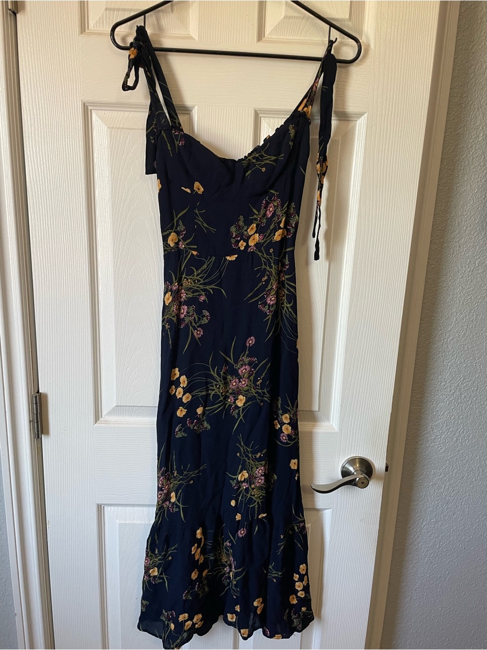 Reformation Navy Floral Tie-Shoulder Maxi Dress